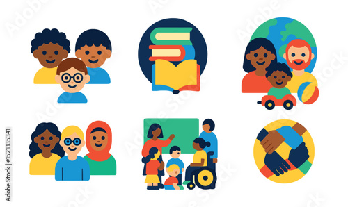 Flat vector icons of inclusive and diverse childcare: multicultural children icon, inclusive books badge, accessibility toy set, global family illustration, diverse caregivers group, inclusive