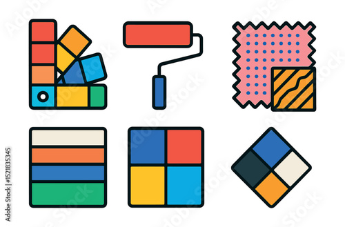 Flat vector icons of color and material: color palette swatch, paint roller icon, fabric texture sample, flooring material board, wall finish chart, tile pattern, wood grain, surface contrast guide.