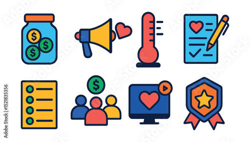 Flat vector icons of fundraising and campaigns: fundraising jar, charity campaign, goal meter, pledge form, donor list, fundraising team, live stream fundraiser, challenge badge.