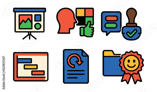 Flat vector icons of client communication and feedback: design presentation screen, moodboard feedback icon, messaging window, client approval stamp, project timeline chart, revision request sheet,