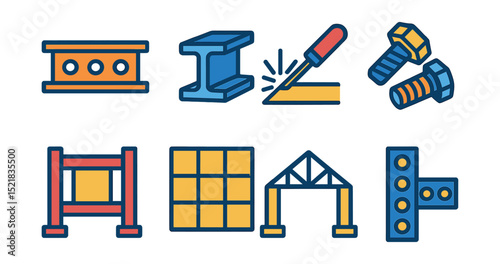 Flat vector icons of steel and metal structure: steel girder, I-beam, welding icon, steel bolts, load-bearing frame, structural grid, steel truss, assembly detail.