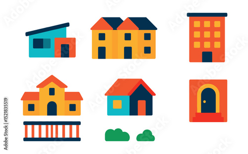Flat vector icons of residential architecture: modern house, duplex, townhouse, apartment building, villa, tiny home, balcony view, home entrance.