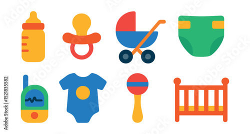 Flat vector icons of baby care essentials: baby bottle, pacifier, stroller, diaper, baby monitor, baby clothes, toy rattle, crib.