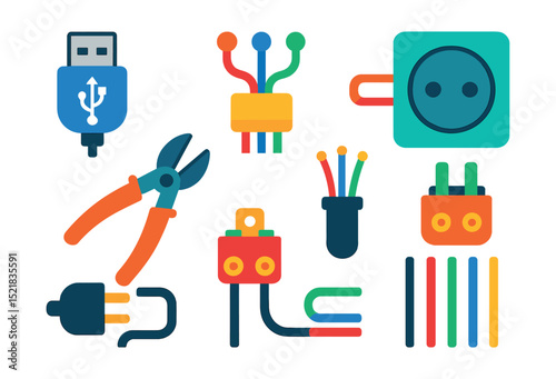Flat vector icons of wiring and connectivity: cable connector, wiring harness, cable routing icon, electric socket, wire cutter, fiber optics, plug and terminal, colored wire set.