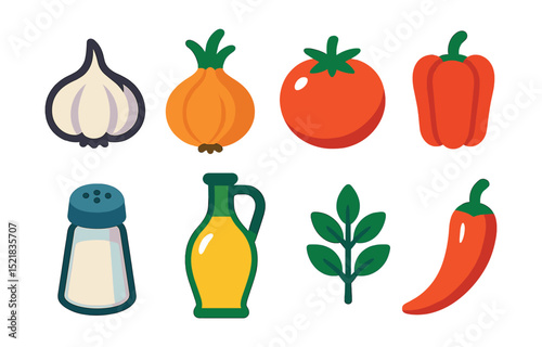 Flat vector icons of cooking ingredients: garlic, onion, tomato, pepper, salt shaker, olive oil, herbs, chili pepper.