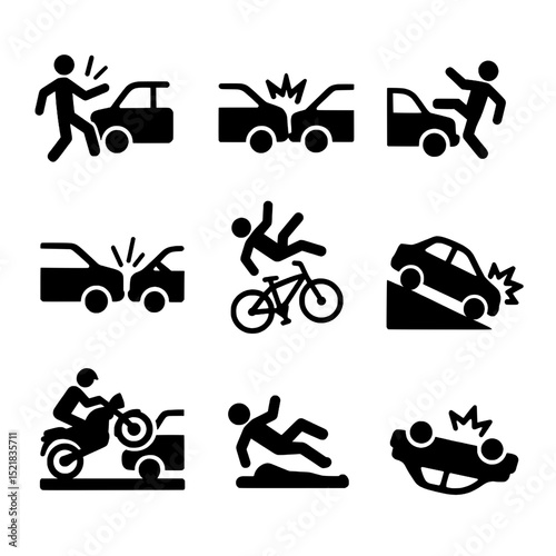 Vector Icons of Various Road Accidents and Traffic Incidents: Safety and Danger Concepts