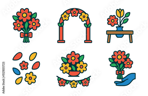 Flat vector icons of bouquets and floral arrangements: bridal bouquet, boutonnière, floral arch, table flowers, flower petals, floral centerpiece, wedding garland, bouquet toss.