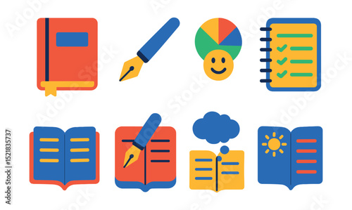 Flat vector icons of journaling and reflection: journal notebook icon, reflective writing pen, mood tracker symbol, gratitude list, daily log book, mindful writing icon, thought bubble page, morning