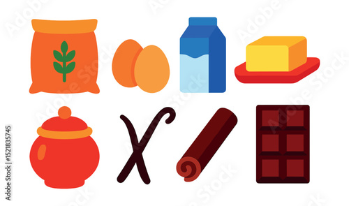 Flat vector icons of cooking ingredients: flour bag, eggs, milk carton, butter, sugar bowl, vanilla pod, cinnamon stick, chocolate bar.