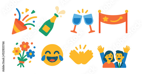 Flat vector icons of celebration and joy: confetti burst, champagne pop, wedding toast, celebration banner, flower toss, laughter emoji, clapping hands, cheerful guests.