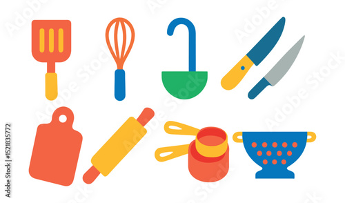 Flat vector icons of cooking tools: spatula, whisk, ladle, chef’s knife, cutting board, rolling pin, measuring cups, colander.