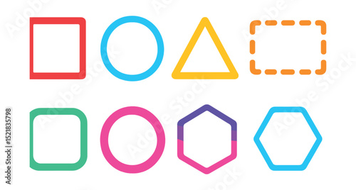 Flat vector icons of shape outlines and frames: outlined square, circle frame, triangle outline, dashed rectangle, rounded frame, thick border circle, gradient edge hexagon, transparent polygon.