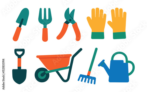 Flat vector icons of garden tools set: trowel, fork, pruning scissors, gloves, spade, wheelbarrow, rake, watering can.