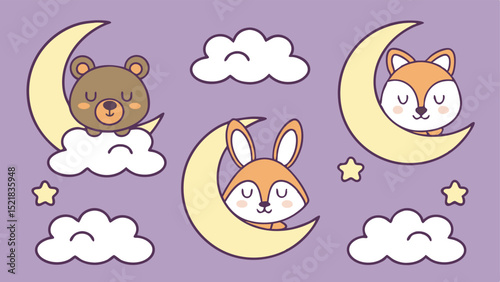 Cute animals sleeping on moons with clouds and stars a delightful illustration