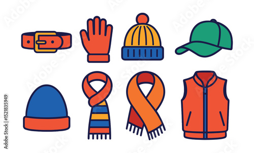 Flat vector icons of accessories and layering: belt, gloves, knit hat, cap, beanie, scarf, shawl, vest.