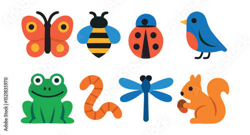Flat vector icons of garden wildlife: butterfly, bee, ladybug, bird, frog, worm, dragonfly, squirrel.