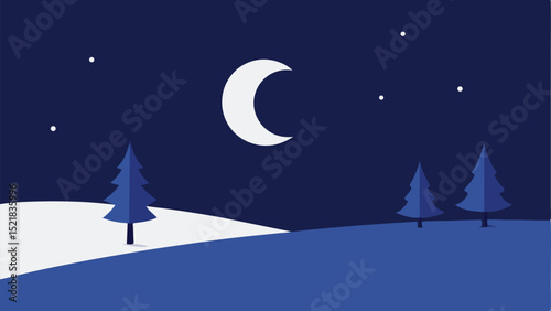 Crescent moon and evergreen trees against a dark blue night sky scene