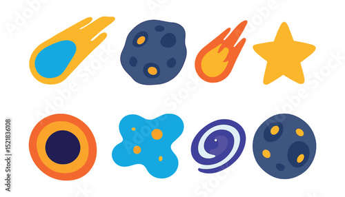 Flat vector icons of space objects: comet, asteroid, meteor, star, black hole, nebula, galaxy, moon.