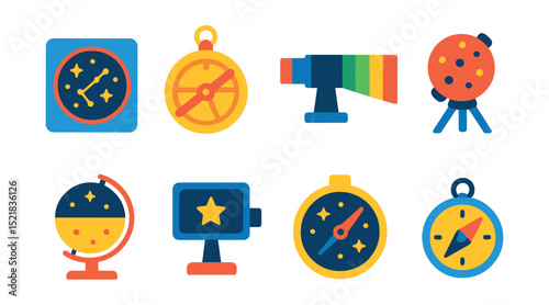 Flat vector icons of astronomy tools: star map, astrolabe, spectroscope, planetarium projector, celestial sphere, star tracker, star finder, compass.