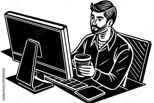 Focused Man Working on Computer with Coffee, man, computer, work, coffee, focus, desk, office, productivity, concentration, effort, working, employee, professional, businessman, job, career, technolog