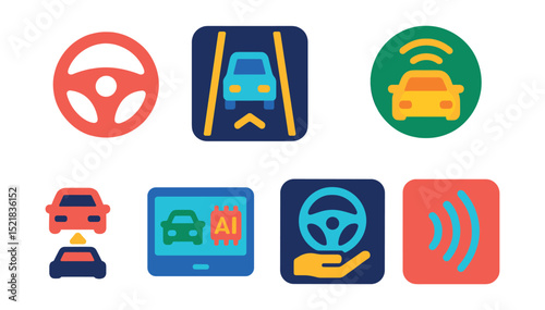 Flat vector icons of autopilot and driving tech: steering wheel icon, auto lane icon, radar sensor, adaptive cruise control, self-driving badge, AI drive screen, hand-free mode, detection wave.