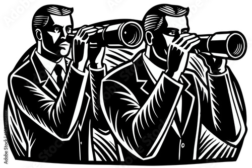 Strategic Vision Two Businessmen with Telescopes, Planning Future, businessmen, telescopes, planning, vision, telescope, future, foresight, business, strategic, visionary, leadership, management, goal