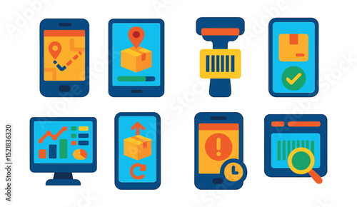 Flat vector icons of logistics apps and interfaces: mobile logistics app, tracking interface, barcode scanner app, delivery confirmation screen, logistics dashboard, order update app, ETA alert, scan