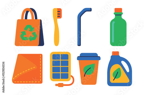 Flat vector icons of eco-friendly products: reusable bag, bamboo toothbrush, metal straw, glass bottle, cloth napkin, solar charger, compostable cup, eco detergent.