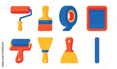 Flat vector icons of painting and finishing tools: paint roller, paintbrush, painter’s tape, paint tray, sanding block, putty knife, paint scraper, mixing stick.