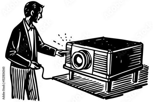 Vintage Projector Man Operating Classic Film Presentation Device, projector, vintage, film, presentation, man, slide, operating, classic, technology, retro, black, white, image, graphic, visual, displ