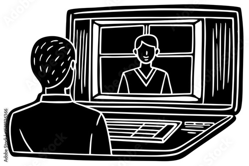 Early Video Conferencing A Retro Illustration of Online Communication, video, conferencing, retro, computer, communication, vintage, early, technology, historical, screen, person, image, art, classic,