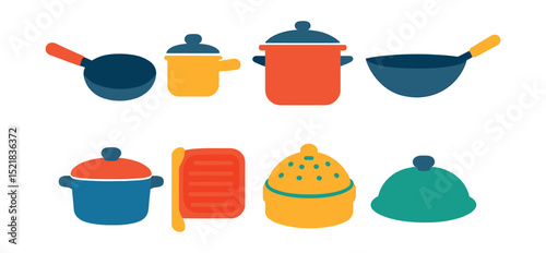 Flat vector icons of cooking utensils for stovetop: frying pan, saucepan, stock pot, wok, dutch oven, grill pan, steam basket, pot lid.