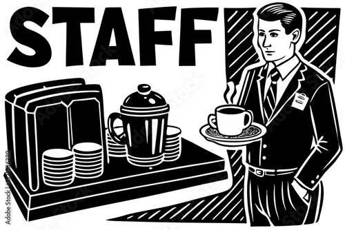 Dedicated Staff Serving Coffee Professional Hospitality Illustration, staff, coffee, hospitality, professional, business, service, employee, team, work, corporate, company, waiter, server, cafe, resta