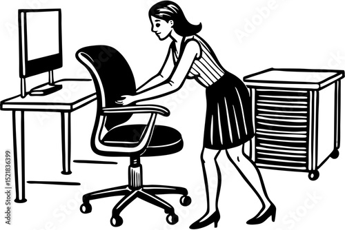 Woman Adjusting Office Chair Ergonomics for Better Posture, woman, office, chair, ergonomics, posture, adjustment, wellness, comfort, workspace, health, sitting, desk, body, position, correct, improve