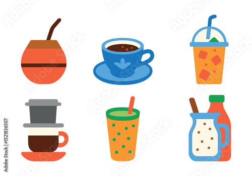 Flat vector icons of cultural beverages: yerba mate gourd, Turkish coffee, Japanese matcha bowl, Thai iced tea, Vietnamese drip coffee, Indian lassi, Middle Eastern sharbat, Mexican horchata.