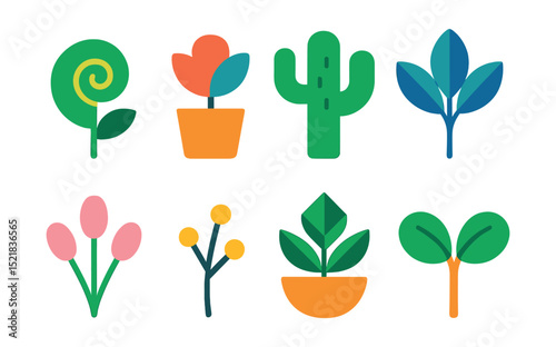 Flat vector icons of whimsical and stylized plants: spiral leaf plant, abstract flower pot, fantasy cactus shape, oversized leaf bundle, pastel stem cluster, minimal branch with buds, geometric plant