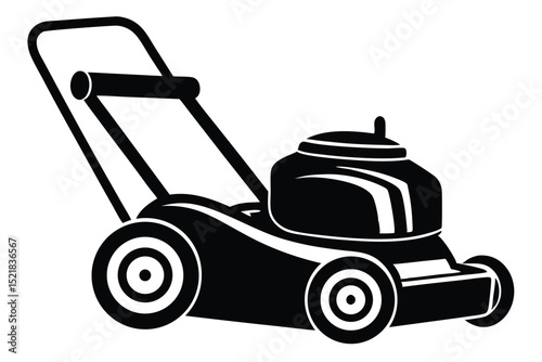Black and White Vector Illustration of Lawn Mower with Handle and Engine