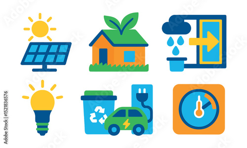 Flat vector icons of green building: solar panels, green roof, rainwater harvesting, energy-efficient windows, LED lighting, recycling station, electric vehicle charging, smart thermostat.
