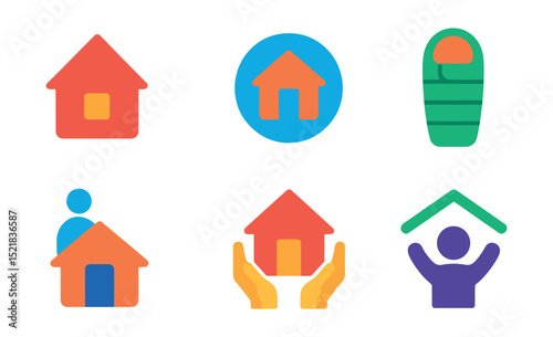 Flat vector icons of shelters and housing aid: house icon, shelter bed, safe place icon, sleeping bag, welcome center, home support, temporary housing, roof over head.
