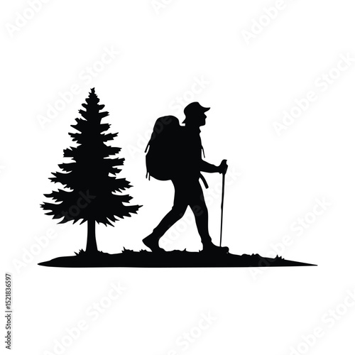 Silhouette of a hiker with backpack and trekking poles walking in nature near a pine tree.