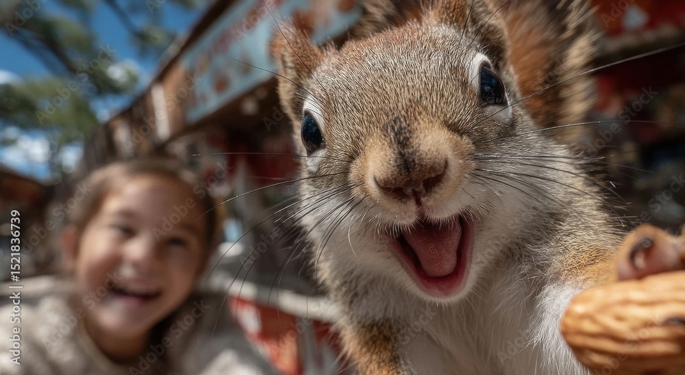 Fototapeta premium Close Up of a Squirrel Holding a Nut, With a Smiling Girl in the Background, Representing Wildlife and Childhood Joy : Generative AI