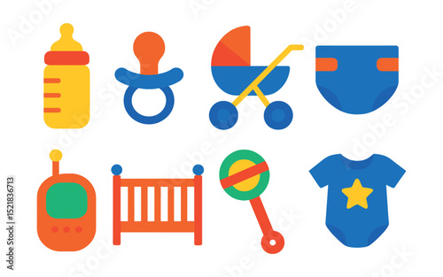 Flat vector icons of childcare essentials: baby bottle, pacifier, stroller, diaper, baby monitor, crib, toy rattle, baby clothes.