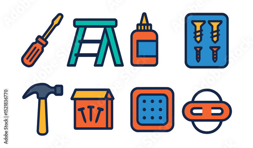 Flat vector icons of small home tools and fixes: screwdriver, step stool, glue bottle, wall anchor kit, hammer, small nails box, wall patch, cable organizer.