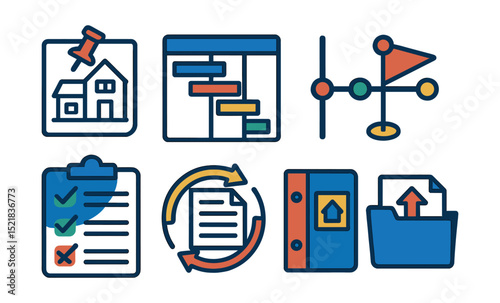 Flat vector icons of architecture projects and workflows: pinned project, Gantt chart, design timeline, milestone icon, task list, revision cycle, architecture binder, submission folder.