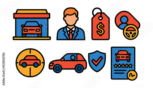 Flat vector icons of car dealership: showroom building, sales agent, price tag, test drive, financing options, warranty, customer review, sales contract.
