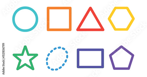 Flat vector icons of outlined geometric shapes: outlined circle, outlined square, outlined triangle, outlined hexagon, outlined star, dashed oval, thin-line rectangle, stroke-only pentagon.