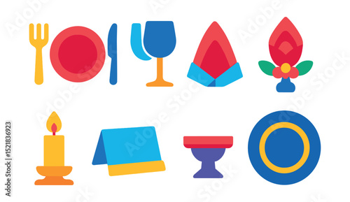 Flat vector icons of table settings: plate, fork and knife, wine glass, napkin, centerpiece, candle, place card, charger plate.