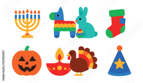 Flat vector icons of holiday traditions: menorah, piñata, Easter bunny, Christmas stocking, Halloween pumpkin, Diwali lamp, Thanksgiving turkey, New Year’s hat.