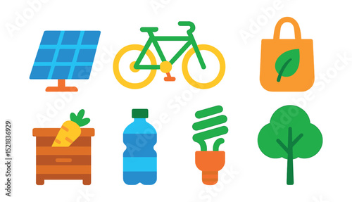 Flat vector icons of eco lifestyle: solar panel, bicycle, recycling bin, reusable bag, compost bin, water bottle, energy-saving bulb, tree.