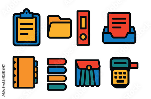 Flat vector icons of organization tools: clipboard, file folder, binder, document tray, index dividers, tab labels, accordion file, label maker.